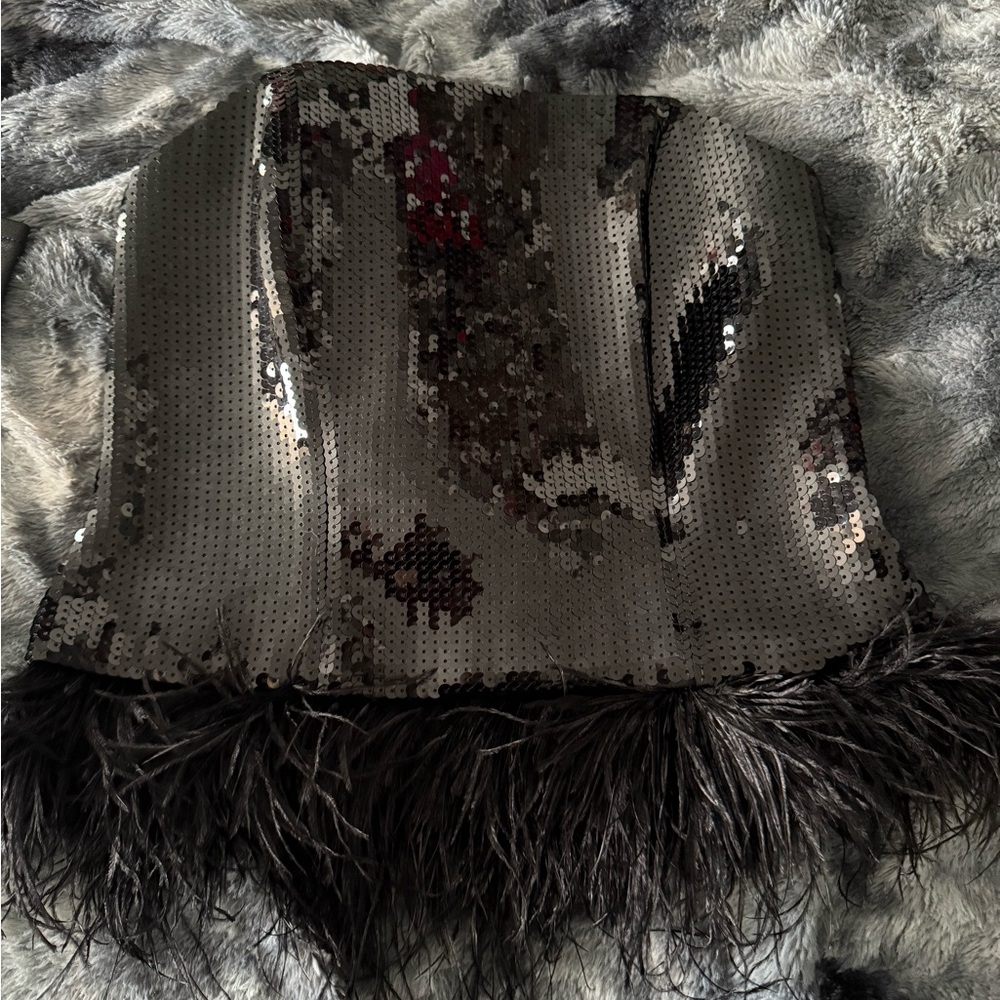 Express Sequin Feather Trim Top - Black and Silver